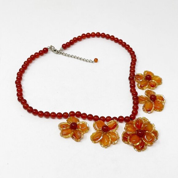 Floral Statement Necklace Boho Red Orange Carnelian Stone Chunky Bib Style - Picture 10 of 12